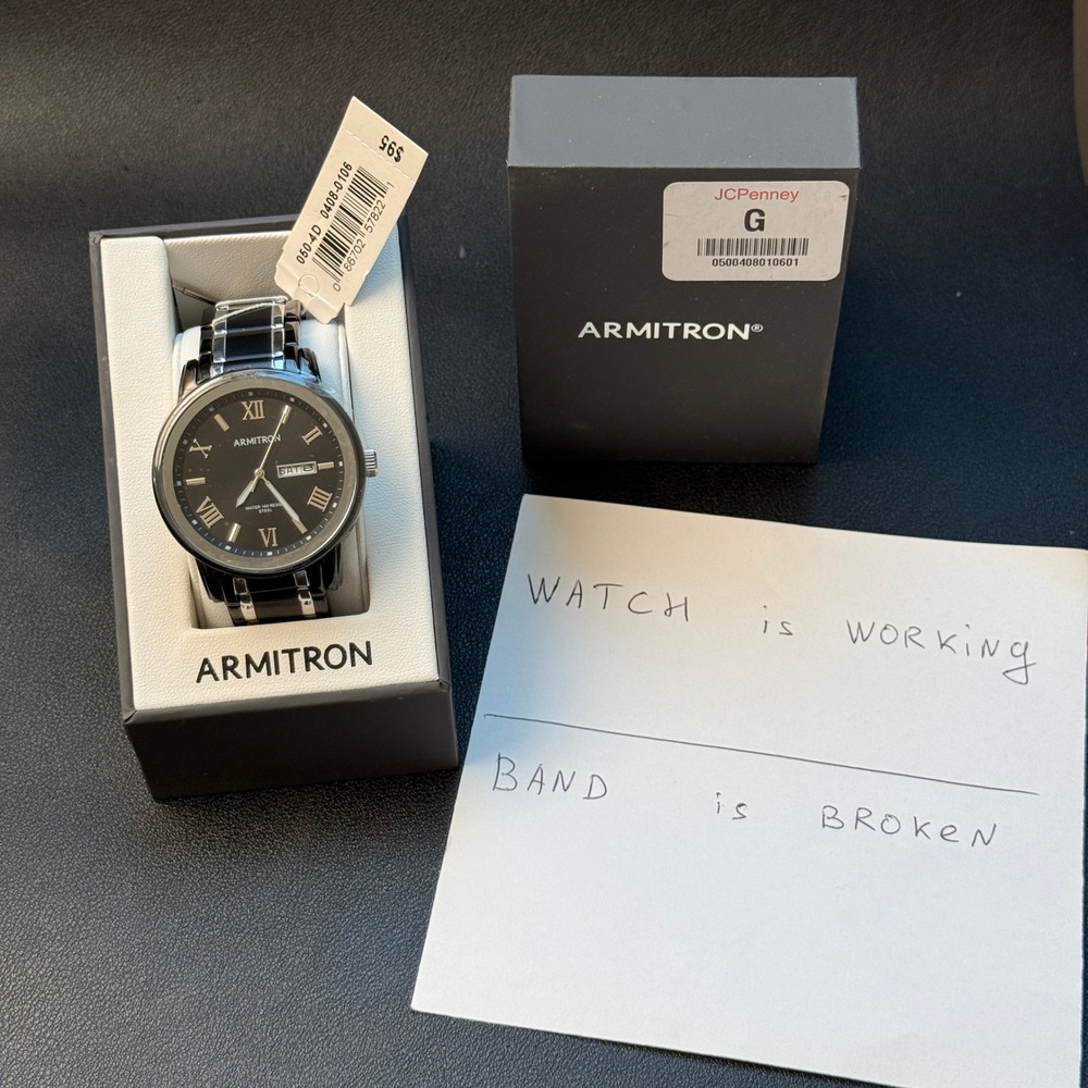MSRP $95 Armitron Mens 20/4935TB Black/Silver Tone Bracelet Watch BROKEN BAND